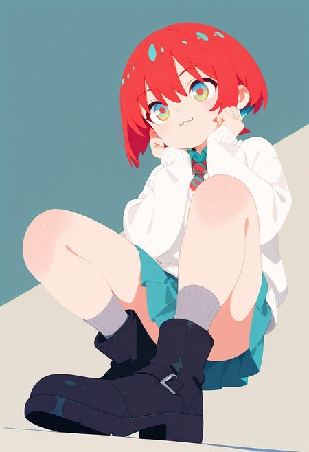 masterpiece, best quality, amazing quality, 1girl,
amate, red hair, multicolored hair, short hair, multicolored eyes, aqua shirt, striped necktie, white sweater, aqua skirt, grey socks striped red, black boots, :3,
squatting,
own hands on chin,
dynamic pose,
cowboy shot,
(from below:1.5),
foot focus,
colorful themes,
high saturation,
cute girl,
haiz_ai,
no lineart, no outline,