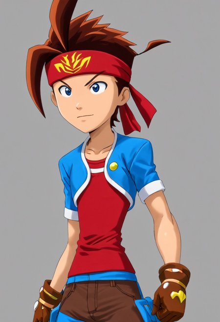 score_9, score_8_up, score_7_up, brown hair, spiked up hair, blue eyes, red headband with golden design, a red shirt, blue pants, light blue jacket, gloves, brown gloves
