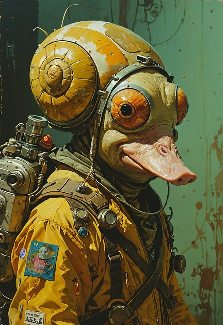 scifi alien creature , duck-pig-snail,portrait,Craig Mullins,Tadanori Yokoo,  Robert Rauschenberg,aries moross <lora:Cyberpunk _Anime_V2_light_version-SDXL:1> <lora:add-detail-xl:1> <lora:Vintage_Street_Photo:0.3> <lora:Photoreal:3>