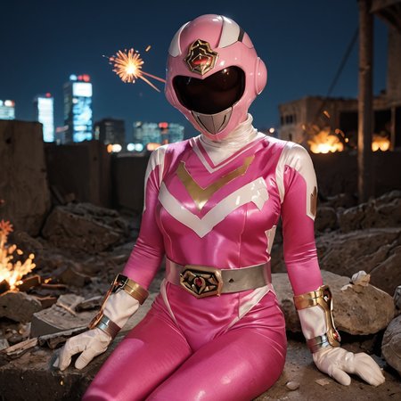 20yo, score_9, score_8_up, score_7_up, shiny oild skin, 
sentaisaintforce, pink bodysuit, silver belt, white gloves, spandex, wing-shaped chest symbol, medium breasts, helmet removed, no headwear, 
 city ruin, rubble, sitting, night, explosion, 
 <lora:Saint_Force:0.8>