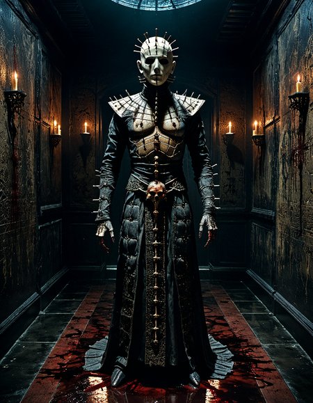 ((masterpiece)), 8k, horror-themed. eerie, unsettling, dark, spooky, suspenseful, grim, highly detailed. dark, mysterious, haunting, dramatic, ornate, and detailed, a creature similar to Pinhead from the film Hellraiser, standing in a dark and decaying room with blood on the walls and floor dimly lit, <lora:add-detail-xl:1> <lora:sdxl_lightning_4step:1>