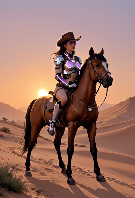 score_9,score_8_up,score_7_up,score_6_up,1girl,solo,cowboy hat,futuristic armor,purple glowing lights,horseback riding,desert,sunset,dramatic lighting,cyberpunk,visor,high-tech,full body,horizon,futuristic cowboy,purple accents,sci-fi,glowing lines,<lora:pony-jou5te-black outlines-dark green backgroudç¾æ¼«æ´è±é»å¾è¾¹Lora:0.5>,<lora:pony-knva-halftone effect-retro artstyleèµååèé£æ ¼äºç»´Lora:0.5>,<lora:pony-å¼å°åèµµç¾æ¼«äººç©-Lora:0.5>,<lora:colored,monochrome,xenotr1p,åè²é£æ ¼v2-loar-pony:0.5>,<lora:SDXLæå¶è¯¦ç»Lora:1>,<lora:Ponyç»èè°è_DetailV2.0-Lora:1>,
