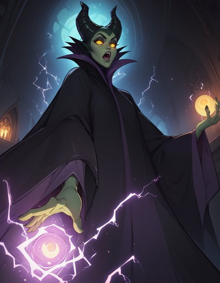 score_9, score_8_up, score_7_up,     
1girl, solo,
maleficentdg,
colored skin, yellow sclera, green skin,
horned headwear, wide sleeves, high collar, black cape, 
open mouth, 
from below, looking at viewer, glowing eyes, 
castle interior, night, magic, electricity, 
 <lora:Maleficent DG PXL v01-000003:0.90>