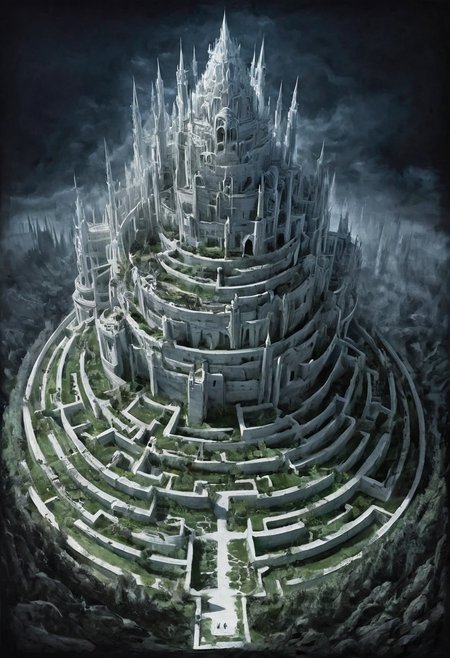 castle , A traveler contemplates a gigantic labyrinth made up of dozens of white, grass, medical towers.  labyrinth , evil villain ,darkness, fog, easter eggs, opposites