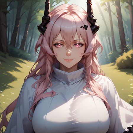 score_9, score_8, BREAK, solo, ((theresa (arknights))), horns, black horns, pink hair, pink eyes, hair between eyes, long hair, sidelocks, bangs, adult female, mature female, big breasts, sexy pose, self portrait, smile, looking at viewer, outdoors, sunlight, shadows, evening lighting, natural lighting, forest, trees, grass, orange sky, sunset