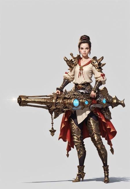 score_9, score_8_up, score_7_up, rating_safe, concept art, semi-realistic, 1girl, solo, 
Young beautiful face, fit body, 
HHWeapon, Holding weapon, ((Huge weapon)),
Holding weapon with two hands.
Fantasy gun. Rail Gun.
Simple background.