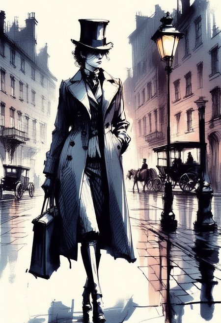 inksketch
A sharp-eyed female detective in a Victorian-era suit stands under a gas lamp, holding a magnifying glass. Cobblestone street, fog, horse-drawn carriage, top hat, trench coat, monocle, dramatic shadow, film noir.