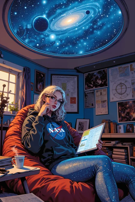 Bathed in the soft glow of a planetarium projector, a breathtakingly beautiful woman with platinum blonde hair and striking blue eyes lounges on a beanbag chair, adjusting her thick-framed glasses as galaxies swirl across the domed ceiling. Dressed in an oversized NASA hoodie and cosmic-patterned leggings, she exudes effortless intelligence, her mind lost in the mysteries of the cosmos. Her fingers trace the glowing outlines of constellations on her tablet, where detailed star maps and astrophysics calculations cover the screen. Around her, stacks of astronomy textbooks and notebooks filled with intricate planetary diagrams lie scattered, their pages marked with neon sticky notes. A telescope near the window stands ready, aimed at the night sky beyond, while posters of nebulae and distant exoplanets adorn the walls. A steaming cup of matcha sits nearby, its surface still rippling as if stirred by the gravitational pull of her presence. She bites her lip in concentration, pushing up her glasses with a single finger, unaware of just how mesmerizing she looks under the celestial glow. , detailed background  Fantastic lighting. Detailed shadows.intricate details, vivid colors, hyper-detailed, ultra-sharp, , <lora:RetroAnimeFluxV1:0.4> <lora:Vintage comic book:0.7> <lora:MoriiMee_Gothic_Niji_Style_FLUX:1.0>