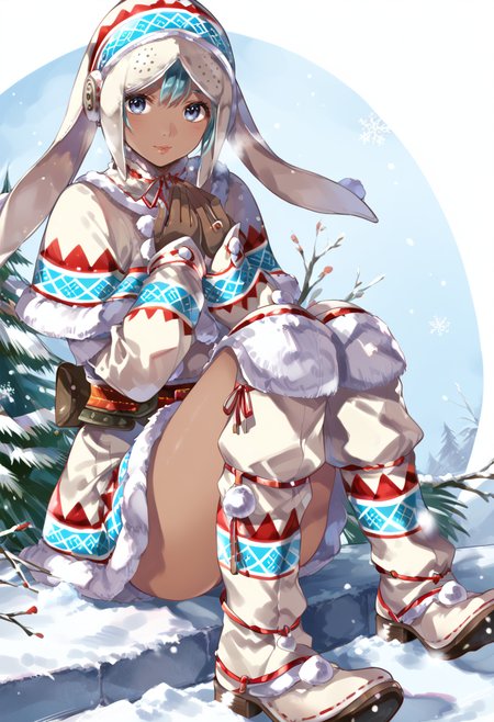 (score_9:0.9),score_8_up,score_7_up,rating_safe,anime style,(zPDXL),<lora:lagombi armor ponyXL v1:0.8>,lagombi armor,white hat,white gloves,white knee boots,solo,1girl,blue eyes,snow,long hair,looking at viewer,dark skinned female,mature female,<lora:MatureFemalePony:0.6>,