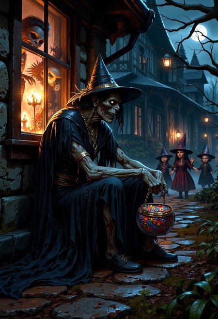 A tired zombie dressed in a Halloween costume sitting on a porch, a group of children walking up to her to play "trick or treat"