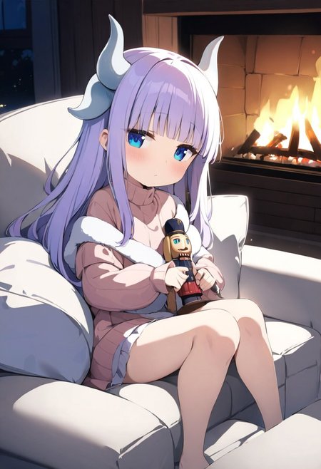 masterpiece, (Best quality:1.2), highres, (scenary:1.2), Dynamic light,, wooden,, living room,, Kanna_Kamui,, long hair, bangs, blue eyes, light purple hair, hair beads, dragon horn, horns,, holding a nutcracker, doll on the lap, fireplace flickering,, white ottoman sofa, sitting, lying on the sofa,, fluffy pillows, white carpet, flowers, lights,,