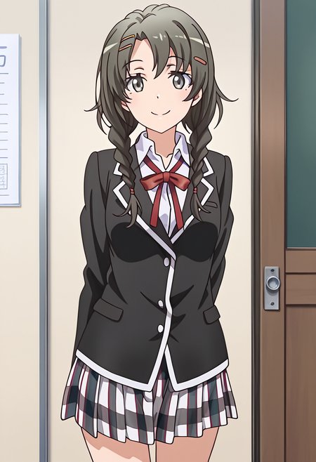 1girl, oregairumeguri, brown hair, long hair, twin braids, hairclip, black eyes, sobu high school uniform, blazer, plaid skirt, pleated skirt, smile, looking at viewer, cute, season2art, <lora:Meguri_ill_v1:1>, masterpiece, best quality, high quality, detailed, absurdres