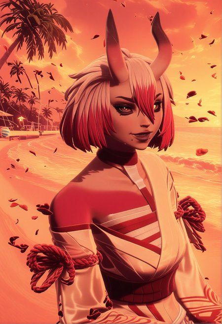 GLSHS,delicate colors,partially illuminated, (masterpiece, absurdres, very awa:1.4), golden hour, orange theme, sunset, beach, rocks, beach ball, sand, palm tree, smug, looking at viewer, female focus, (portrait:1.3), fortniterestorednightrose, 1girl, short hair, long hair, bob cut, pink hair, red hair, white hair, multicolored hair, two-tone hair, hair between eyes, yellow eyes, red eyes, white eyes, black sclera, colored sclera, black eyes, makeup, smile, closed mouth, mole, two moles, mole under mouth, moles under mouth, two moles under mouth, horns, oni horns, armor, japanese armor, bare shoulders, off shoulder, wide sleeves, long sleeves, kimono, sarashi, sash, obi, gloves, red gloves, rope, shimenawa, white pants, colored skin, white skin, red skin, white boots,  water, wet skin, towel draped around body, cleavage, steam, gentle ripples in water, warm lantern glow, flower petals floating on water, <lora:GLSHS-IL:1.3>,  <lora:Fortnite_The_Night_Rose_All_Outfits_ILXL:1.1>, <lora:dmd2_sdxl_4step_lora:1>