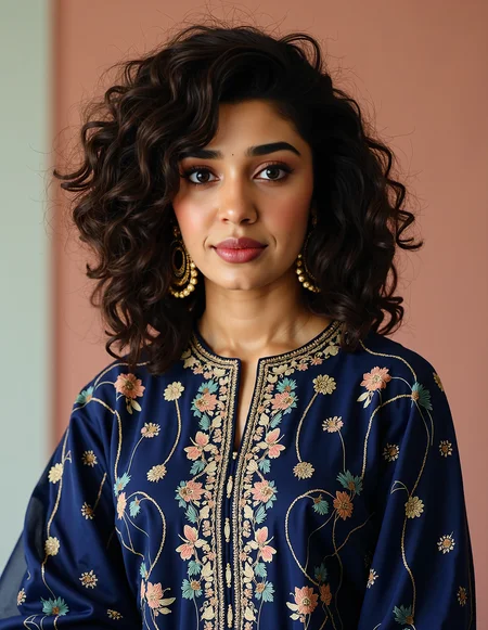 headshot photo of kr1t1 sh3tty woman, hyper realistic photo that is safe for work, serious, studio quality image with natural colors, well dressed wearing intricate long sleeved Navy Phulkari Suit, hair styled as  curls,muted pastel shaded multicolored background that contrasts with the person, cinematic lighting,âââââ  <lora:kr1t1_sh3tty_Kriti_Shetty_Flux_Kohya_V1:1>âââ