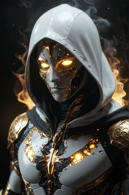Dark fantasy, shadow knights, (( white and gold plug suit, black smoke in plug suit) ), (burning eyes:1) , (white, gold hooded cloak of leather material) , (fractal art:1.2) , cave background, transparency, caustics, optics, surreal, magic, masterpiece, perfect anatomy, 32k UHD resolution, best quality, highres, realistic photo, professional photography, cinematic angle, reflection lights, closed up, <lora:add-detail-xl:1.0> 
many details, extreme detailed, full of details,
Life-like details.
Cinematic.
Dramatic.
Dynamic.
Extremely refined lines and and shapes.
Extremely refined details on objects.
Sharp details.
Wide range of colors.
Many details everywhere. Ray-Tracing. Anti-Aliasing. Realistic soft shadows. Low saturation colors. Insane quality. Insane resolution. Insane details. Masterpiece. 32k resolution.
