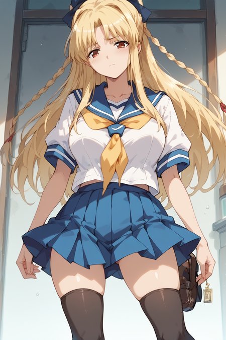 score_9, score_8_up, score_7_up, masterpiece, best quality,
<lora:pony_good_hands:0.5>, good_hands,
1girl, mature female,
large breasts, wide hips,
 <lora:YuriKashima:0.7> YuriKashima, hair ribbon, twin braids,
serafuku, yellow neckerchief, black thighhighs, skirt, loafers,