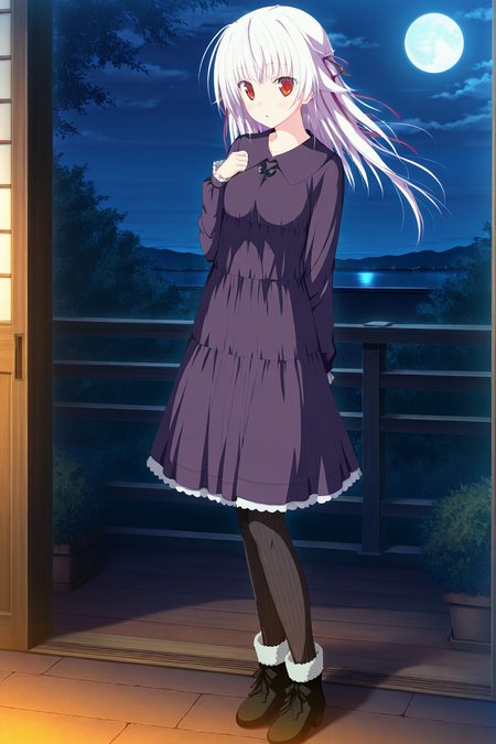 masterpiece,best quality,good quality,rating safe,memoriayume, ototsu_yume, 1girl, solo, white hair, long hair, hair ribbon, ribbon, red eyes, bangs, long sleeves, purple dress, black pantyhose, striped, black footwear,game cg,moonlight,ourdoor,standing,looking at the moon,from side