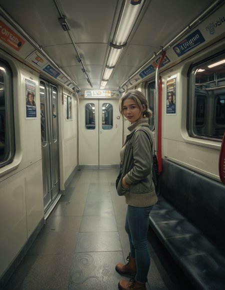 A modern subway train,Subw4y tr41n, in motion, with a single woman standing near the center of the train car, holding onto a shiny metal pole for balance as the train glides along the tracks. The woman is dressed casually yet stylishly, wearing a long black coat over a beige turtleneck sweater, paired with slim-fit jeans and ankle boots. Her hair is neatly tied back into a low bun, with a few loose strands framing her face. She has a thoughtful, calm expression, her gaze directed slightly downward as if lost in her own world. In her other hand, she holds a small tote bag, its strap looped over her wrist, with a paperback book peeking out from the top.
The subway car is clean but shows subtle signs of daily use. The walls are lined with muted gray panels, and the seats along the edges of the car are upholstered in a dark blue fabric, slightly faded from wear. Overhead, fluorescent lighting casts a bright, even glow across the interior, causing faint reflections on the polished floor, which is marked with the occasional scuff from commuters' shoes. Metal grab handles hang from above, gently swaying with the trainâs movement, and shiny steel poles are strategically placed throughout the car.
The windows on both sides reveal a blurry, motion-filled view of the dark subway tunnel, interspersed with flashes of graffiti-covered walls and dim utility lights. Above the windows, digital displays show the next stop in bright LED text, along with a route map that runs the length of the car. Small advertisements are mounted on the walls, showcasing everything from city events to product promotions, some with vibrant colors that add subtle contrast to the neutral tones of the train.
The atmosphere feels still and introspective, with the soft hum of the train and the occasional squeal of the wheels on the track. The train is sparsely occupied, with a few empty seats and subtle details like a forgotten coffee cup on one bench and a folded newspaper lying on the floor. The overall mood is quiet and reflective, capturing a moment of solitude and thoughtfulness during an ordinary subway ride.<lora:SDXLFaeTastic2400:0.4> <lora:extremely_detailed:0.4> extremely detailed, <lora:Subw4y_tr41n:1>, Masterpiece,best quality,hi res,8k,hi res,8k,award winning,(sharp focus, intricate, highly detailed),
