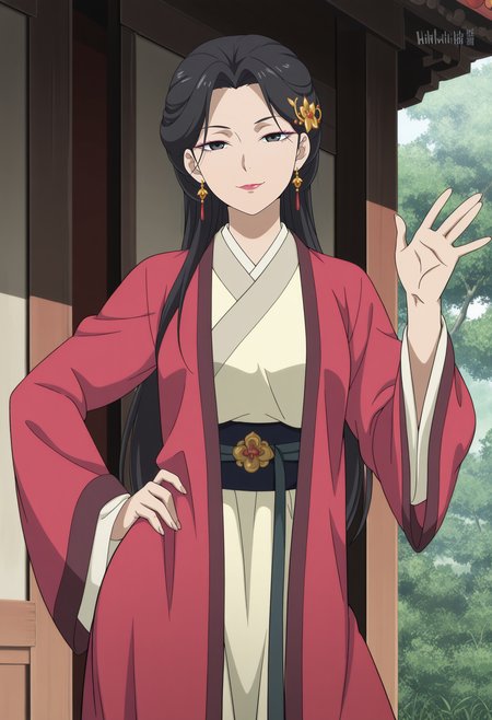 1girl,solo,mm,mature female,long hair,black hair,black eyes,earrings,makeup,lipstick,hair ornament,hair bun,anime coloring,
chinese clothes,hanfu,waving, contrapposto, hand on own hip, cowboy shot, looking at viewer, smile,outdoors
,masterpiece,best quality,amazing quality,<lora:Aoji-Fairies_Album:0.8>