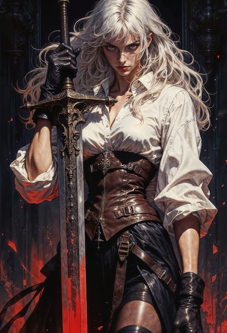 a dark, fantasy style, depicting a young woman with a stern, intense expression. She has long, flowing silver hair, partly covering her face, and her eyes are glowing with a fierce, red light. She wears a white, long-sleeved shirt with the sleeves rolled up, revealing her forearms. Over the shirt, she has a dark brown leather corset with metal buckles, cinching her waist tightly. Her black shorts are form-fitting and end just above her knees, exposing her thighs. She wears dark, thigh-high stockings, and her hands are covered by black gloves, one of which is gripping the hilt of a large, ornate sword.
The sword is the central focus of the image, extending diagonally from the bottom left to the upper right, with its blade glowing a blood-red color, hinting at the power and danger it possesses. The background is dark and shadowy, with subtle red embers or sparks floating around, adding to the ominous atmosphere. The overall color palette is dominated by dark tones with red accents, enhancing the menacing and dramatic feel of the artwork. The style is highly detailed, with a focus on textures and shadows to create a sense of depth and realism.