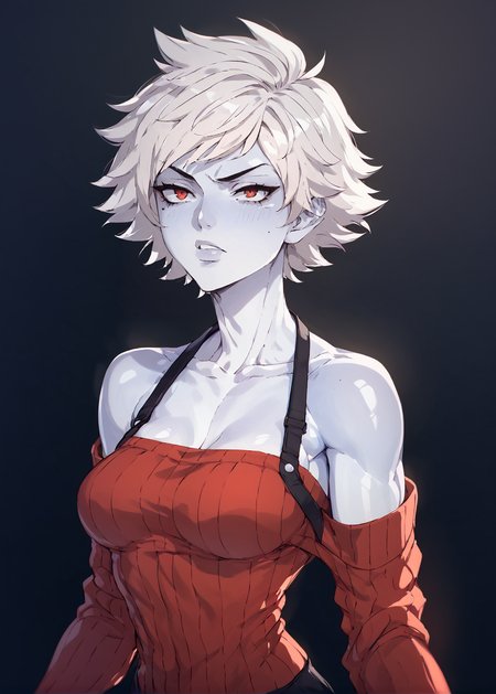 white skins, spiky red short tomboy hair, neutral expression, tight sweater, <lora:NAHIRI:1> nahiri, 1girl, solo, short hair, breasts, bare shoulders, white hair, colored skin,  <lora:Amplected_3d_anime_art_style:1>, source_anime, score_9_up,  score_7_up, score_8_up