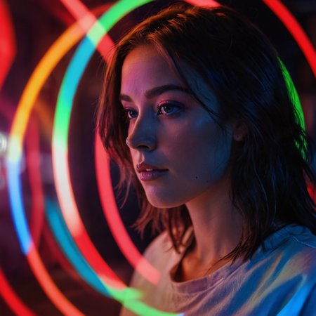 woman, circle, neon reflections, strange, colorful, beautiful, intense artificial light