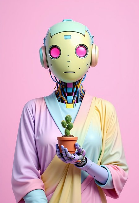 ajpasbot. This image is a highly detailed CGI rendering of a humanoid robot with a distinctly futuristic, almost humanoid feminine appearance. The robot's head is a pastel green with a yellowish tint, featuring large, round, pink eyes that give it a somewhat human-like expression. The head is adorned with various mechanical parts, including antennae, sensors, and a small, circular panel on the forehead. The robot's neck and torso are covered in a network of blue, yellow, and purple wires and tubes, showcasing intricate, advanced machinery. The robot's body is draped in a soft, pastel-colored, flowing garment that appears to be a robe or a long dress. The robe is a blend of pink, yellow, and lavender hues, creating a vivid, surreal contrast with the robot's metallic body. The garment is loosely wrapped around the robot, with one arm crossed over the chest and the other arm holding a small cactus in a simple terracotta pot, showcasing the robot’s delicate grasp and a subtle moment of care. The cactus’s sharp, green spines contrast with the smooth, synthetic skin of the robot’s hand, adding a touch of natural contrast.