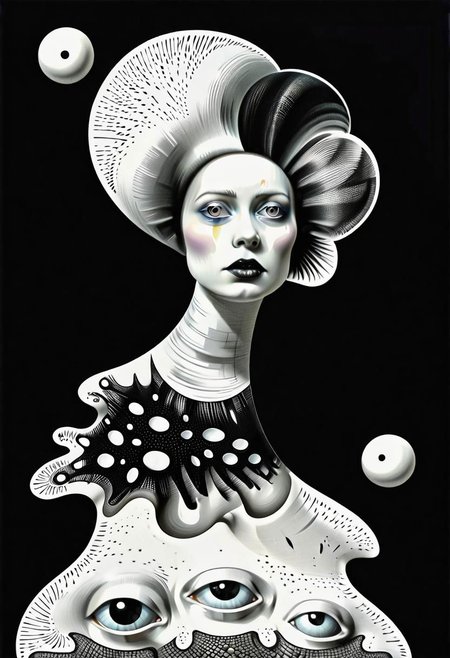 raw sketch of interwoven concrete cement pebbles cob cobblestone shell scales, by Bellmer, by Malevitch, by Kandinsky, Surreal psychedelic bizarre, psychedelic hallucination, pop surrealism, rough crosshatch drawing pop art Lunatic_Portrait of a young woman in latex Avant-garde Fashion page, slick back, low bun, black makeup, sinister expression, intense glare, (melting flesh covered in moss, rot, mold, bubbles, droplets:1.5), avant-garde, abstract, weird, geometric, constructivism, suprematism, rayonism, verticism, lineism, tj
