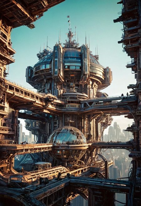 Visualize a futuristic space station, symbolizing online community in the style of incorporate elements that evoke a sense of building with a large spaceship complex, elegant, expansive, fantastical, film photography style, light grain