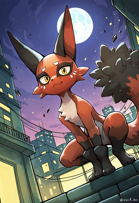 masterpiece, best quality, looking at viewer,      zzNickit,  narrow rooftop ledge, full moon overhead, city skyline in the distance, quiet night, crouched low, tail flicking, ears perked, glancing downward, soft wind stirring loose debris â Perched on the edge of a crumbling rooftop, zzNickit crouches low, surveying the silent alley below. The full moon casts a pale glow over the cityscape, and a gentle breeze rustles paper scraps caught in rusted gutters. Its gaze stays sharp, ever-watchful, ready to vanish the moment it's seen.  ,<lora:NickitPokedex_IXL_v1:1.0>,  foreshortening, dynamic angle, close up,