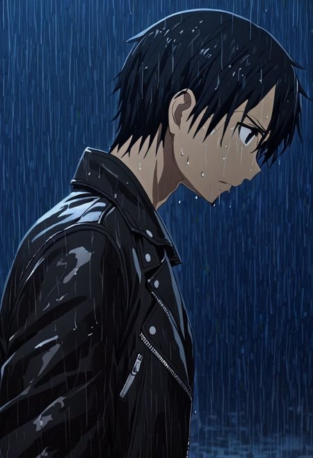 high resolution, solo, best quality, 1Boy, Kazuto Kirigaya, Black Hair, Black Eyes, heavy rain, night, looking down, sad, leather jacket, looking away, wet, wet hair, OverallDetail