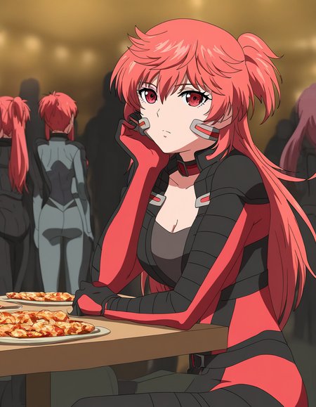 masterpiece, best quality, newest, absurdres, highres, safe,, <lora:aoi-hidaka-s1-illustriousxl-lora-nochekaiser:1>, aoi hidaka, long hair, pink hair, red hair, red eyes, ponytail, short ponytail,, bodysuit, black bodysuit, red bodysuit, cleavage,, market, stalls, people, food, trade, , sitting, head rest, table, looking at viewer, solo,, cowboy shot