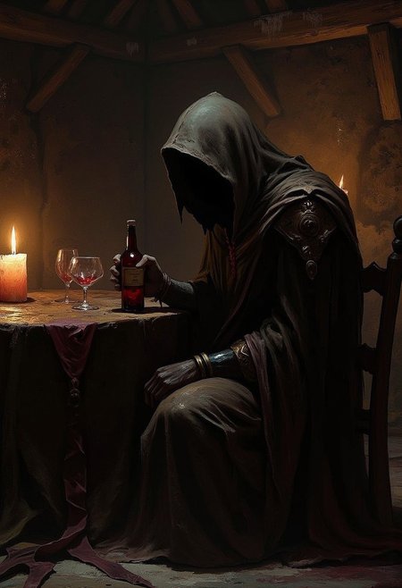 An atmospheric and powerful dark fantasy, natural organic and impressionist classical-style painting of hooded man holding a bottle of wine in dimly lit tavern. His face is covered by dark hood. He sits alone in solitude of the tavern while looking at his half empty red wine bottle. Candle light, abandoned tavern.