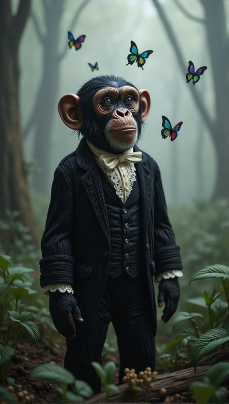 <lora:flux-licoricestyle.safetensors:1> made out of  Licorice
A chimpanzee in Victorian attire stands amidst a mist-shrouded woodland, its gaze fixed on something unseen. The surrounding fog is rendered in soft focus, with intricate lace and striped piping adorning the chimp's clothing. A flurry of butterflies flit about, their iridescent wings glimmering in the dim light as if drawn to an unseen connection between them and the chimp.