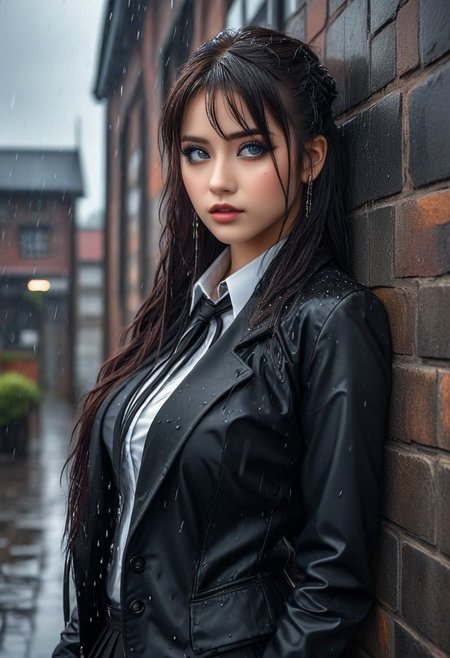 18yo student, busty female, adorable face, long hair, dynamic makeup, alleywall background, 
kibito high school uniform, black jacket, long sleeves, (8k) (HDR), (wide angle:1.4),