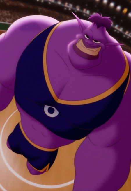 <lora:BupkusSJV2:1>, BupkusSJ, 1boy, solo, colored skin, purple skin, black eyes, perfecteyes, fangs out, muscular male, athletic build, long torso, narrow waist, narrow hips, toned ass, large pectorals, hyper-detailed, highres, amazing quality, very aesthetic, dynamic lighting, detailed background, crop top, dolphin shorts, dynamic pose, dynamic angle, from above, smirk