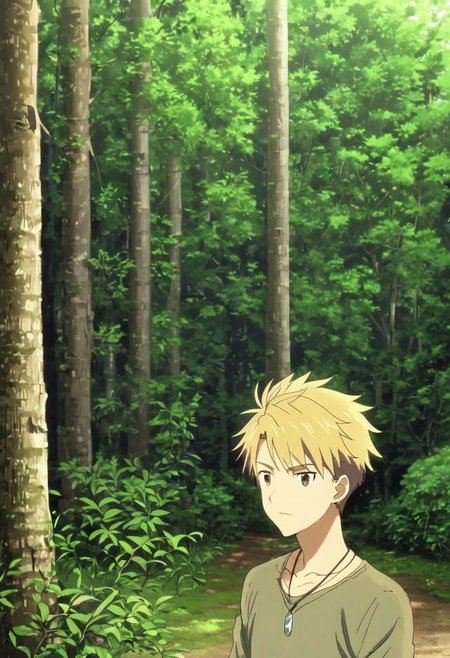 high resolution, solo, best quality, 1Boy, Yamato Ishida, Blond Hair, Necklace, forest, camping, OverallDetail