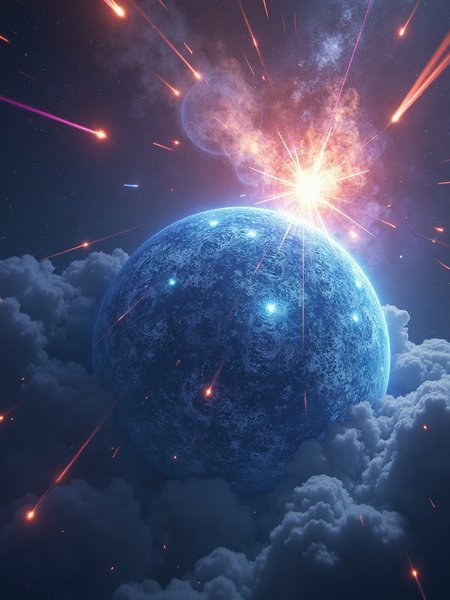 In the vast universe, a huge crystal planet emits mysterious light. The surface of the planet is covered with exquisite patterns, like ancient magic runes. Around it, countless colorful comets are streaking across with long tails. In the distance, an interstellar storm is brewing, with gorgeous energy lights flashing.