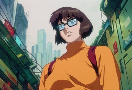 score_9, score_8_up, score_7_up, retro artstyle, cyberpunk, ghostintheshellstyle, 1girl, solo, Velma, chestnut hair, orange turtleneck,