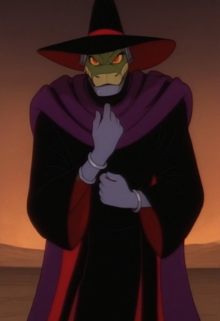 score_7, score_8, score_9, dynamic lighting, detailed background, background is dessert, sand, mesas, sundown, (close up), cowboy shot,
BREAK 
Solo, 1boy, ((anthropomorphic)), furry male, male snake, male, green skin, bald, animal nose, narrow waist, tall, metal hands, grey hands, grey bracelets, steel jaw, yellow sclera, red eyes
BREAK 
standing, looking at viewer, angry, black and red witch hat, black and red cloak, ((purple cape)),