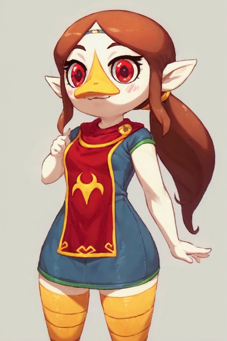 score_9, score_8_up, score_8, medium breasts, (curvy), cute, eyelashes,       BREAK, ,  <lora:MedliZelda_PDXL_v2:0.8>,  zzMedli, solo, 1girl, brown hair, beak, pointy ears, bird, long hair, long hair, red eyes, ponytail, blue dress, red tabard,, BREAK, smile, looking at viewer, cowboy shot, embedding:zPDXL,  <lora:DiivesP1:0.8>,