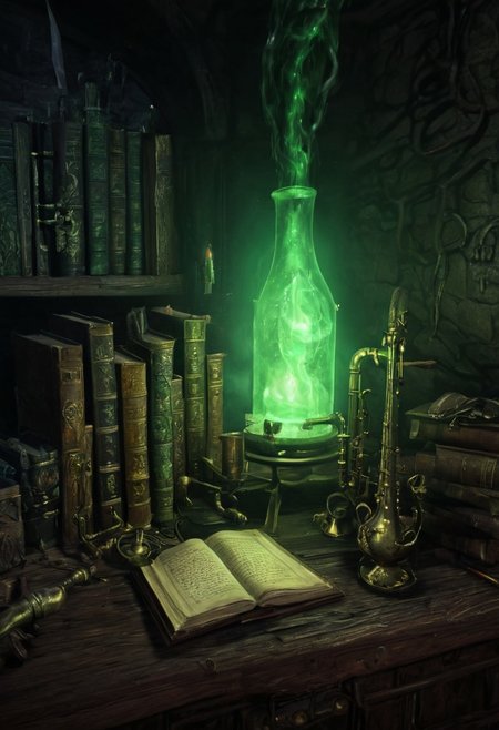 Eldritch laboratory, ancient books, arcane symbols, bubbling potions, dark wood and brass instruments, eerie green light, detailed textures, high detail, high resolution, (dark fantasy, eerie:1.3), (haunting, atmospheric:1.2), (nightmarish:1.4), masterpiece quality <lora:Desolation:0.5>, <lora:The_Horror_Style:0.5>