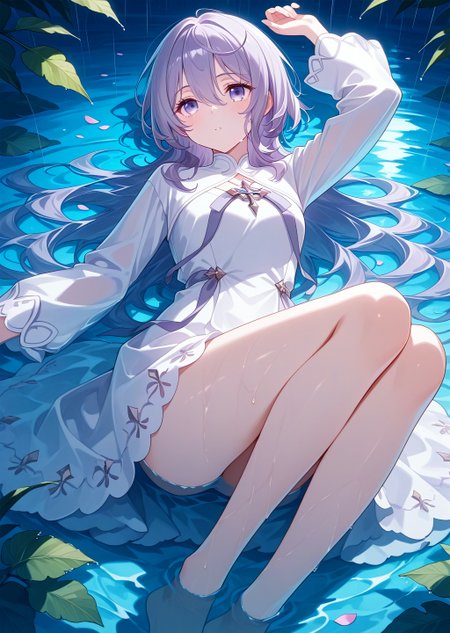 general, masterpiece, best quality, amazing quality, very aesthetic, absurdres, newest,eyesHD, high gradient eyes, detailed eyes, high definition eyes, Philia_Adenauer, 1girl,
white dress,
lying, water, wet, on back, partially submerged, arm up, knees up, leaf, bare legs, shallow water, legs, night, petals, rain