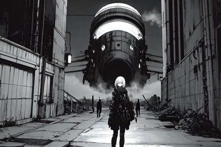 highly insanely detailed, masterpiece, top quality, best quality, highres, 4k, 8k, RAW photo, (very aesthetic, beautiful and aesthetic),  
tsutomu nihei,nihei_tsutomu,blame!,blame gakuen!,abara,TNstyle,sidonia_no_kishi,(tower,space,spacecraft),clouds,light particles,cables,tubes,industrial pipes,bridge,lantern,wire,walkway,letterboxed,fence,tentacles,air conditioner,gauna,gauna mech,ventilation fan,ventilation shaft,drainpipe,machinery,toha heavy industries,concrete walls,metal walls,dome,dark sky,black sky,buildings,mist,smoke,fog,steam, 
<lora:blameLora_v10:0.8>, 
(1girl:1.3), 
solo focus, 
located in an urban scene at a scenic bus stop,âââ