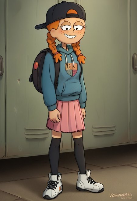 nocunoctstyle, cel-shading, AmphiMaggie, orange hair, braid, twin braids, freckles, 1girl, solo, smile, baseball cap, backwards hat, long sleeves, pink skirt, pleated skirt, blue hoodie, hood down, backpack, black thighhighs, white footwear,