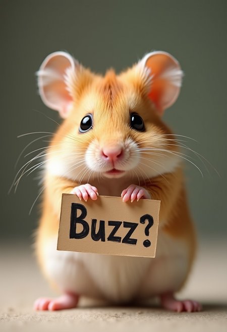 Photo of a tiny little hamster holding a sign saying "Buzz?"