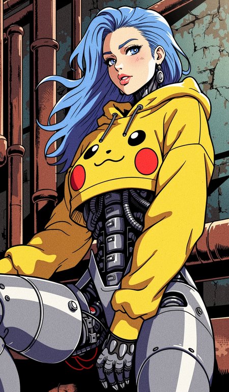 hyper-detailed, modernretroanime, Anime, mature female, thick lips, long eyelashes, makeup, 
 the cyborg woman amidst the crumbling remnants of an abandoned factory, her advanced, cybernetic body contrasting starkly against the rusted pipes and decaying industrial structures around her. The environment is dominated by rusted, corroded metal—pipes crisscross the scene, their once-powerful purpose now long forgotten, leaving only the skeletal remains of an industrial age. The woman’s cropped yellow Pikachu hoodie, adorned with pop culture references, adds a splash of bright color to the otherwise grim and metallic world. Her torso, made of sleek metal plating and cybernetic components, reflects the dim, diffused light that filters through cracks in the ceiling. Graffiti covers the cracked walls, marking the territory of long-gone urban dwellers. Her blue hair flows freely in the light breeze, contrasting the dull, rusted background, while her cold, piercing eyes scan the environment as if looking for something or someone. Her tattoos add a rebellious touch, blending human individuality with the mechanical precision of her body. The scene reflects the intersection of a decaying industrial past and a technologically advanced future, with the cyborg representing the pinnacle of human-machine integration. Slight head tilt to the left, with her lips slightly parted, as if about to speak, her grey eyes capturing the light.
zipper, intricate machinery, intricate robotic detail, electronic chip, wiring cybernetics, hand on own thigh, knee up, 
 <lora:MelkorMancin-FLUX:0.4> <lora:RetroAnimeFluxV1:0.6>