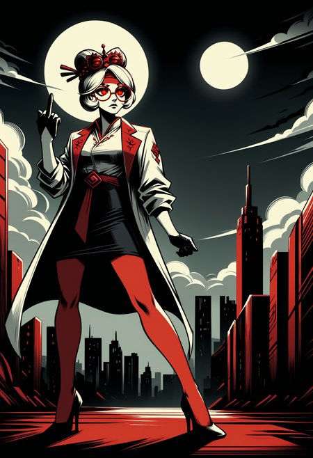 score_9, score_8_up,score_7_up, <lora:lnrnr_pdxl_EliPot_r1:1>, 
high contrast, shadow, full moon, giant, red eyes, glowing eyes,night sky,dark, cityscape, outdoors, standing, red theme, cloudy sky, limited palette
 <lora:purah-pdxl-nvwls-v1:1> purah, hair ornament, red headband, red glasses, sleeveless shirt, white coat, black skirt, red leggings, gloves, high heels, middle finger,