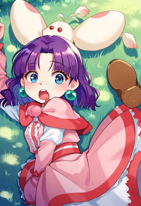 score_9, score_8_up, score_7_up, best quality, uncensored, source_anime, BREAK
1girl, solo, sue(grandia), purple hair, medium hair, hair ribbon, blue eyes, green earrings, freckles, capelet, pink dress, sue(grandia) outfit, striped socks, brown shoes,
surprised, from above, on stomach, outdoors, 
<lora:sdxl_lightning_8step_lora:1>  <lora:sue(grandia)_XL(pony):1>