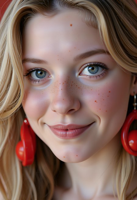 Beauty shot,   A breathtaking closeup portrait of a sexy owkx woman at a simple background.  She has a beautiful detailed erotic face with big erotic eyes and a cute snub nose. She perky grinning at the viewer.  Beautiful long blonde hair, braid. Blush, cute freckles, lipstick, eye shadow, big kinky red plastic earrings., , , , ,